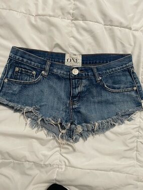 One teaspoon trash Distressed Denim Cutoff Shorts in dark blue button front